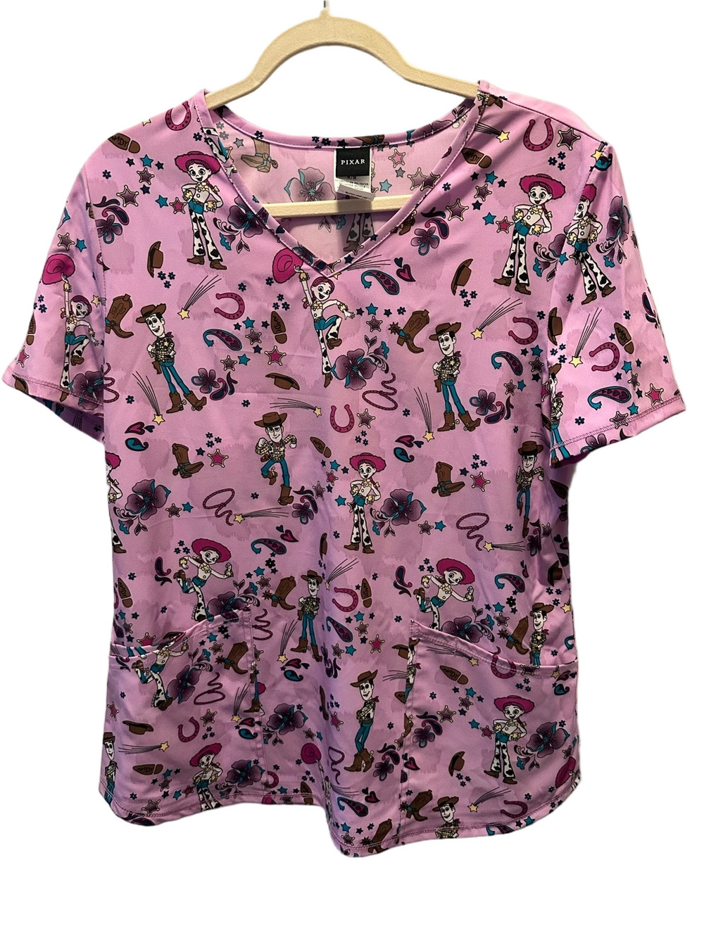 Pixar Toy Story Jessie Woody Pink Scrub Top V Neck Medical Uniform NWT